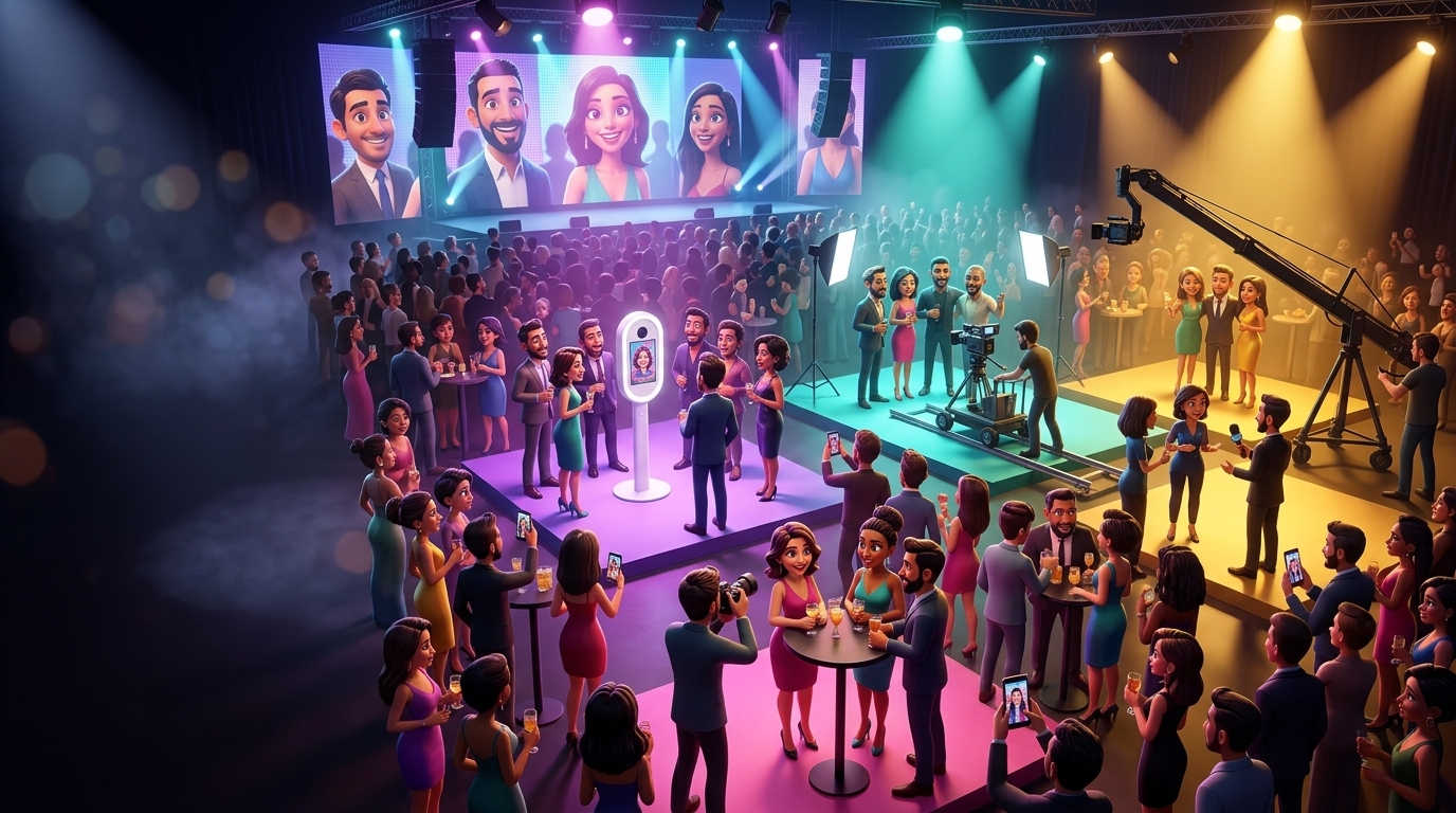 Una fiesta de fin de año vista desde arriba, con cuatro espacios de Content Booth trabajando a la vez: la grúa en el ingreso, el set de cine en recepción, el tótem y un fotógrafo entre la gente